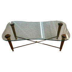 Table basse néoclassique française avec plateau en verre, style PE Guerin, mi-siècle moderne