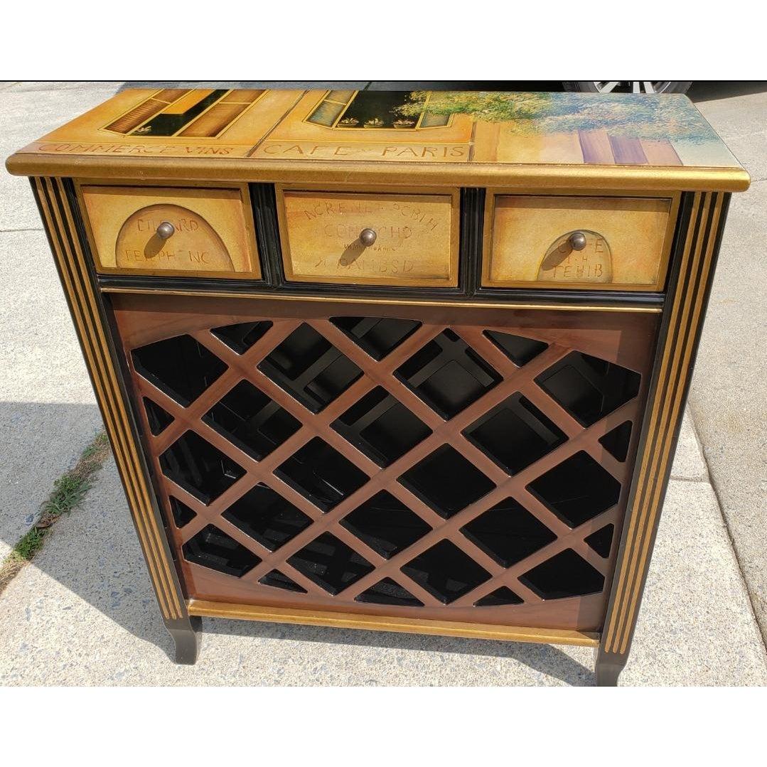 Amazing French neo classical wine cabinet / Rack with three top drawers. Hand Painted and glazed. Middle drawers comes with built in wine opener case with beautiful smooth wine opener. Inside of drawers are padded with black anti tarnish fabric for