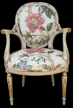 French Neo-Classical Style Carved Giltwood Chair In Botanical On Leopard Linen