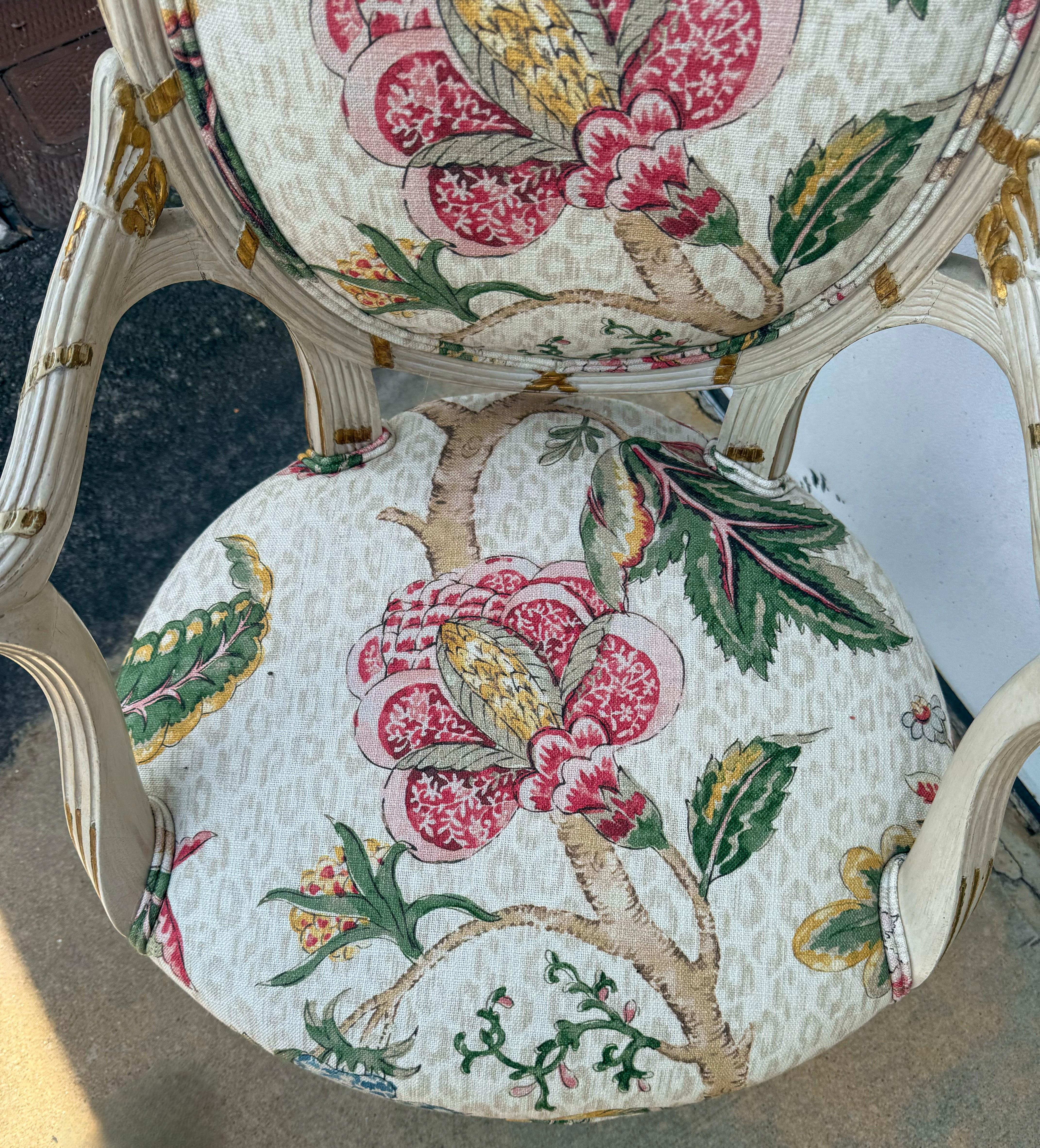 20th Century French Neo-Classical Style Carved Giltwood Chair In Botanical On Leopard Linen For Sale