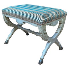 French Neo-Classical Style Carved & Hand Painted Bench / Ottoman In Stripe Velve