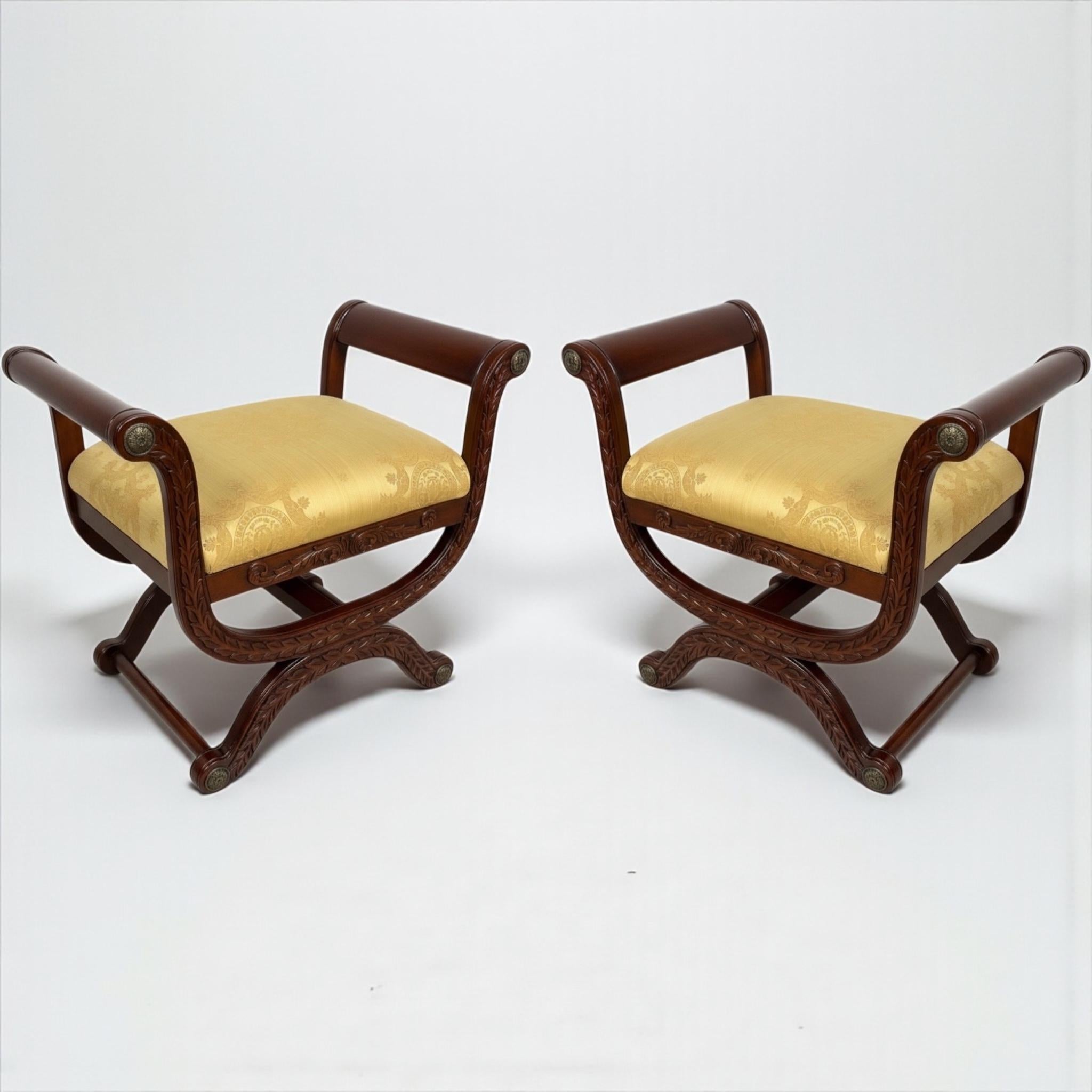 American French Neo-Classical Style Fruitwood & Bronze X Base Benches / Ottomans - Pair For Sale