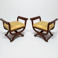 French Neo-Classical Style Fruitwood & Bronze Curule Benches / Ottomans - Pair