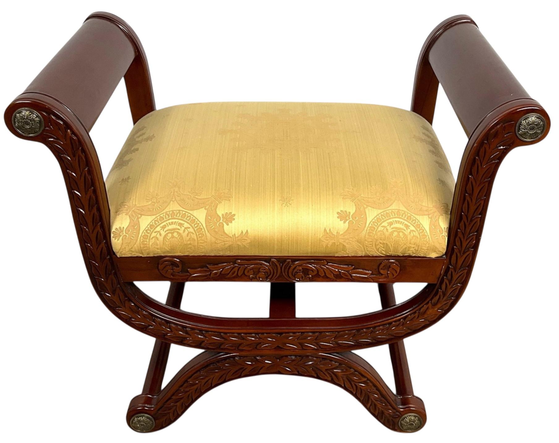 French Neo-Classical Style Fruitwood & Bronze X Base Benches / Ottomans - Pair In Good Condition For Sale In Kennesaw, GA