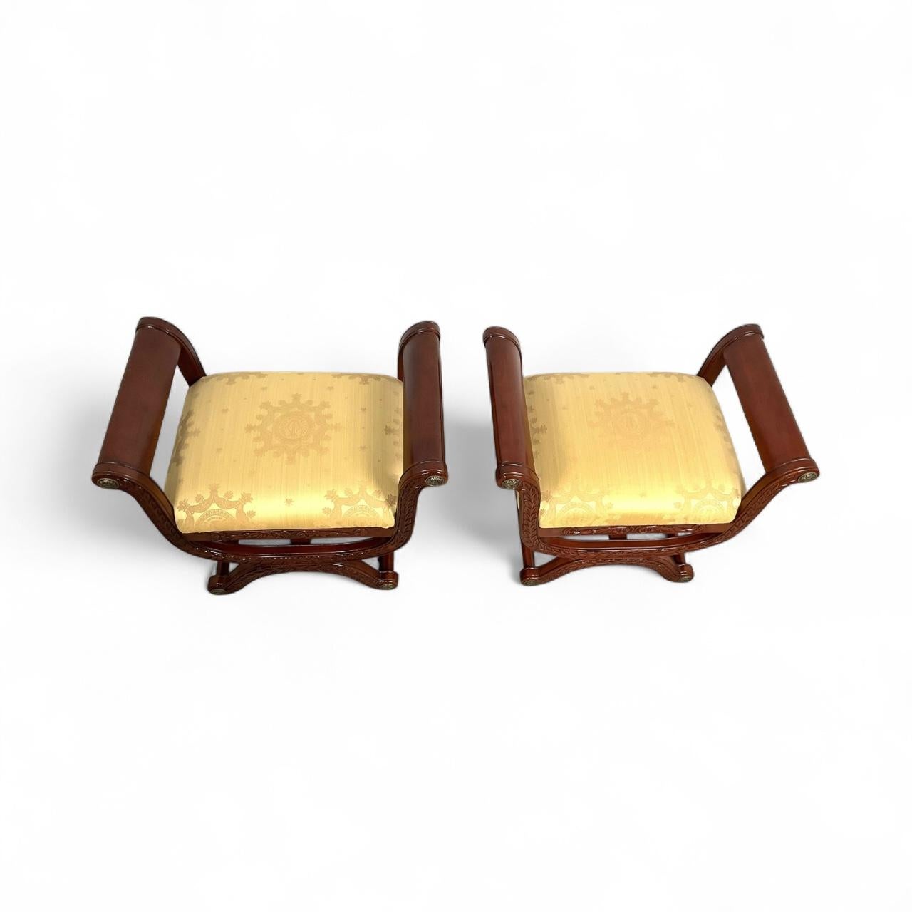 20th Century French Neo-Classical Style Fruitwood & Bronze X Base Benches / Ottomans - Pair For Sale