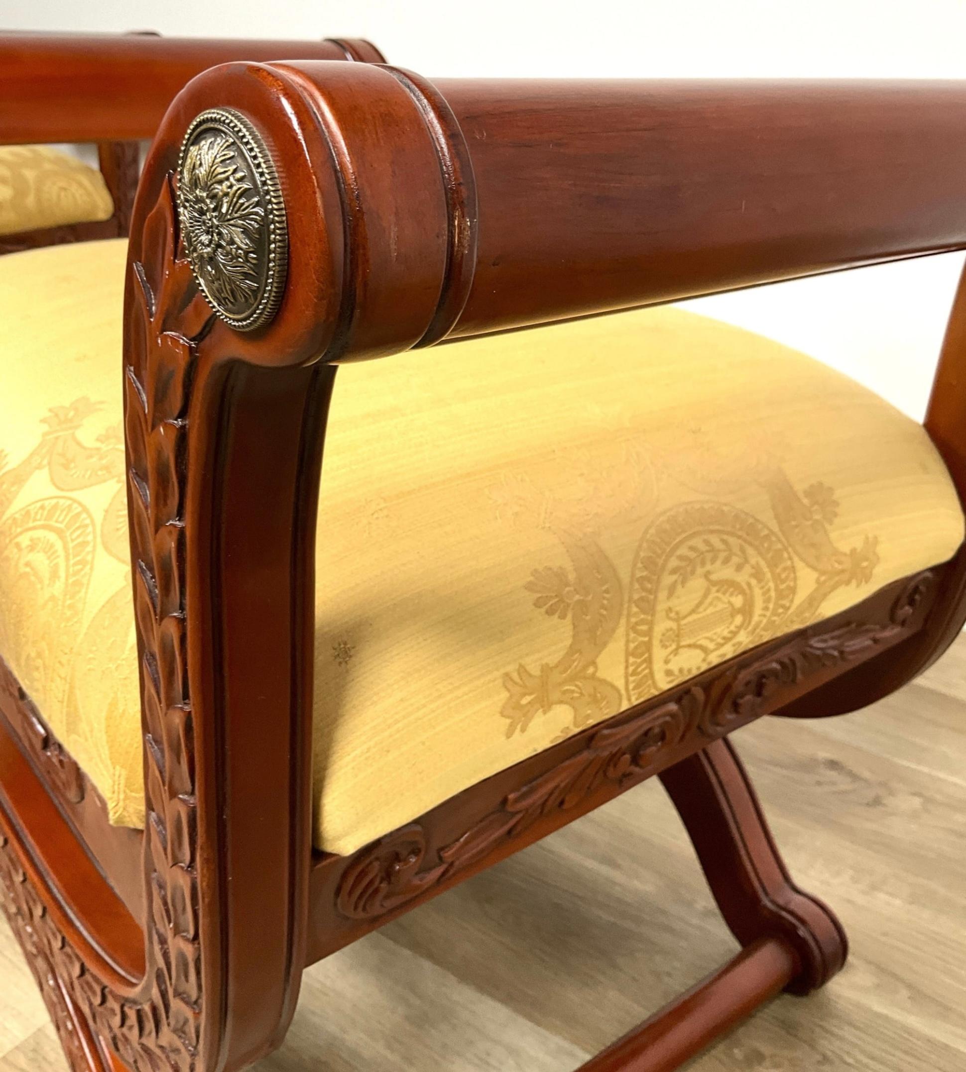 French Neo-Classical Style Fruitwood & Bronze X Base Benches / Ottomans - Pair For Sale 1