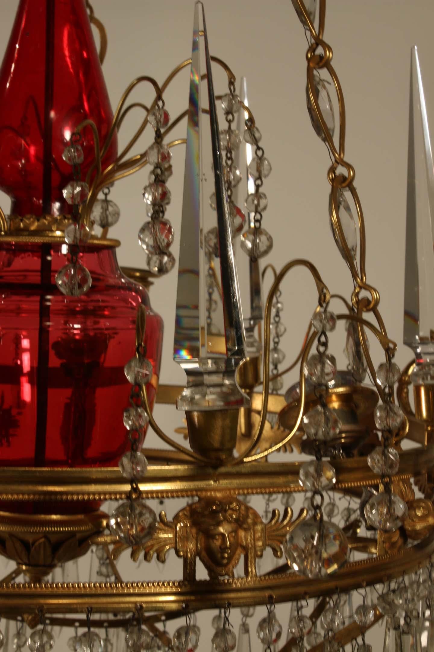 19th Century French Neoclassical Style Gilt Bronze and Ruby Glass Chandelier For Sale