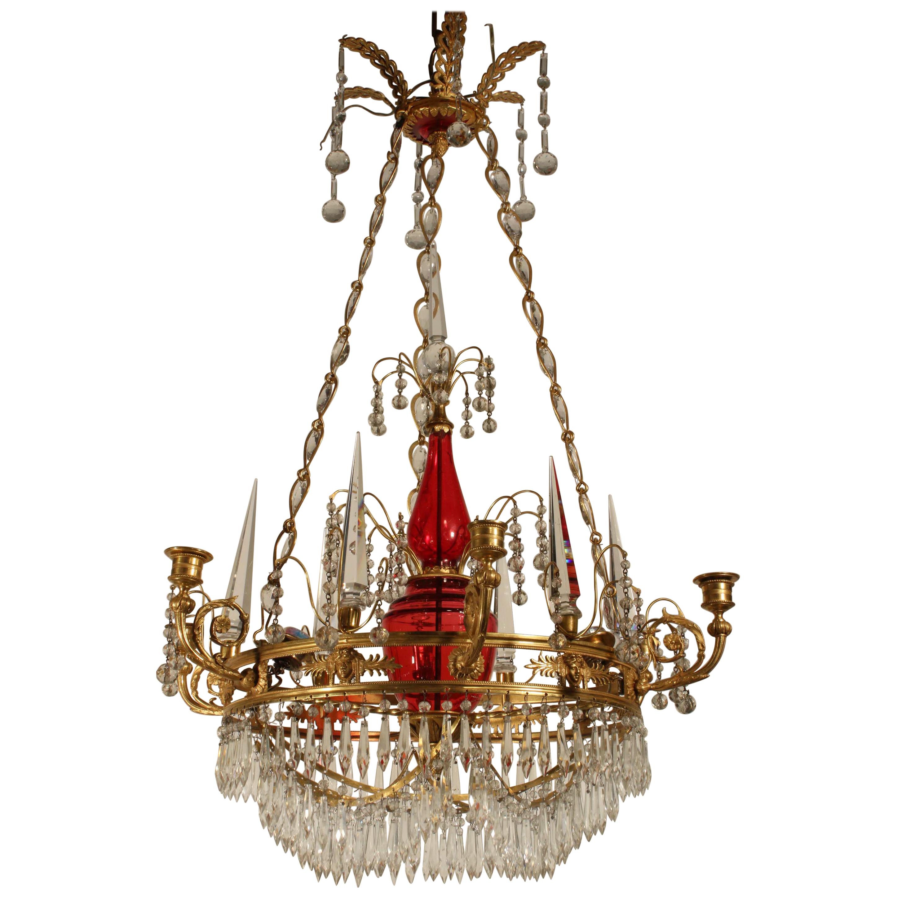 French Neoclassical Style Gilt Bronze and Ruby Glass Chandelier For Sale