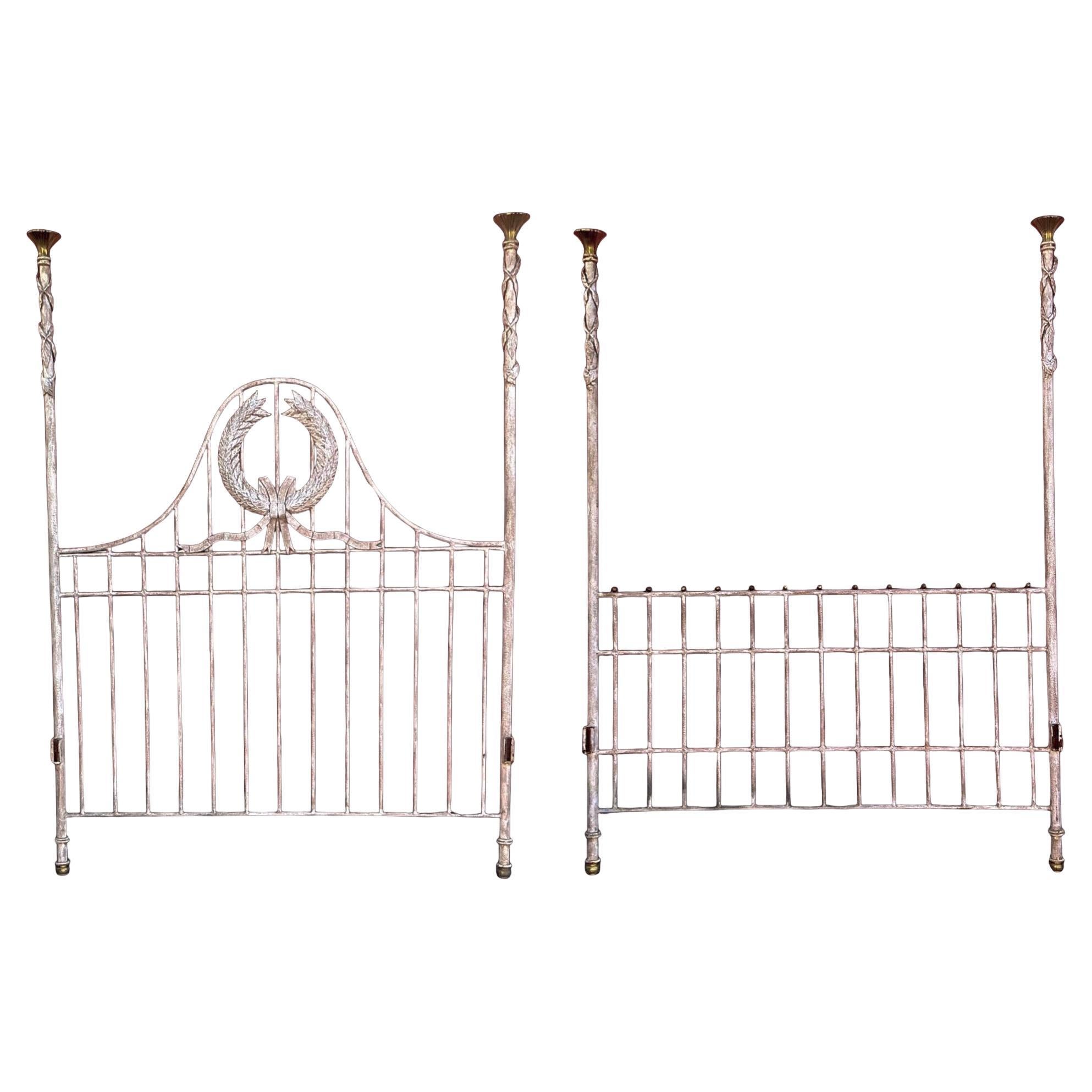 French Neo-Classical Style Iron & Brass Maitland-Smith Queen Bed Frame