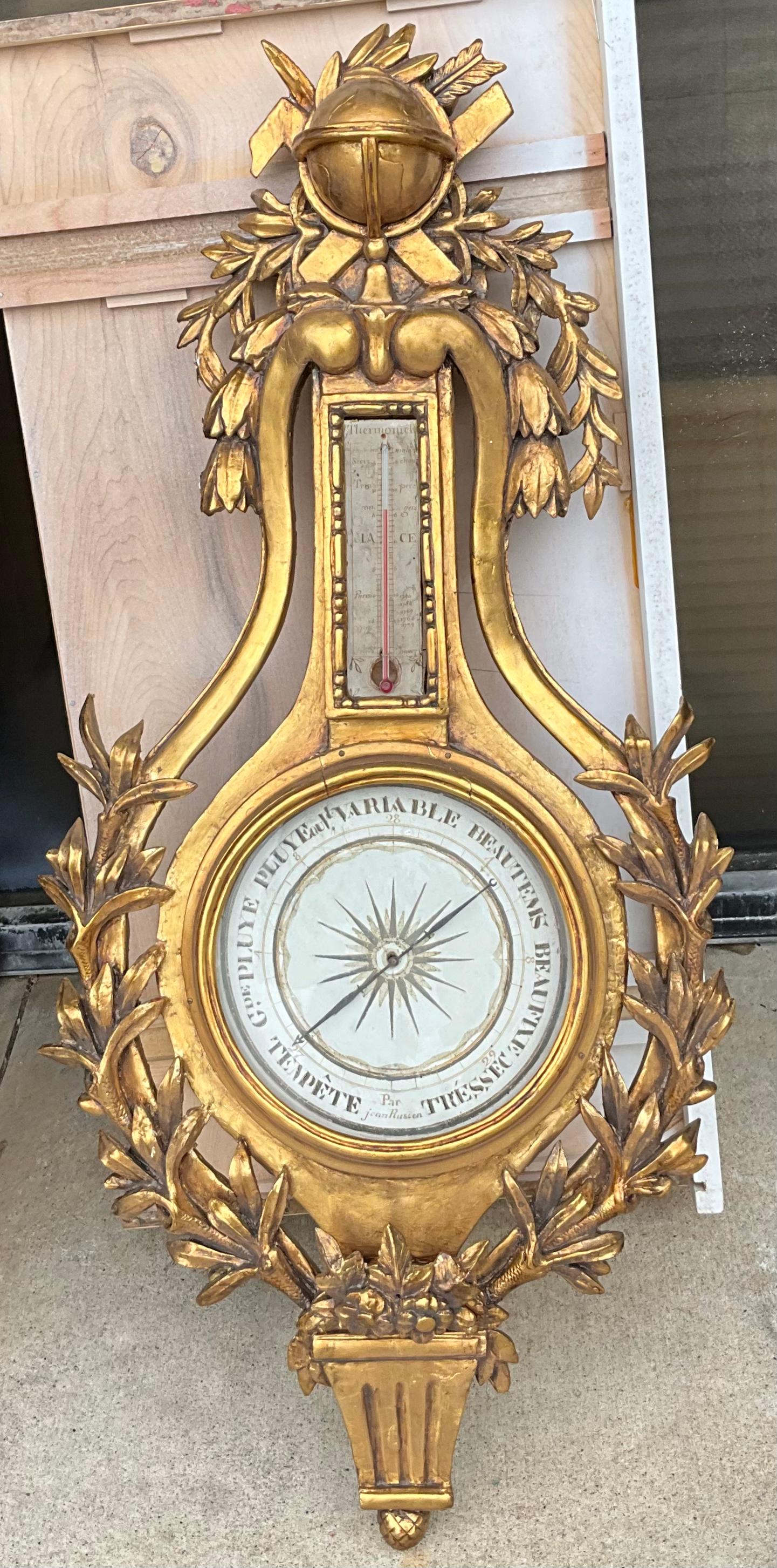 French Neo-Classical Style Louis XVI Style Carved Giltwood Barometer Wall Decor For Sale 6