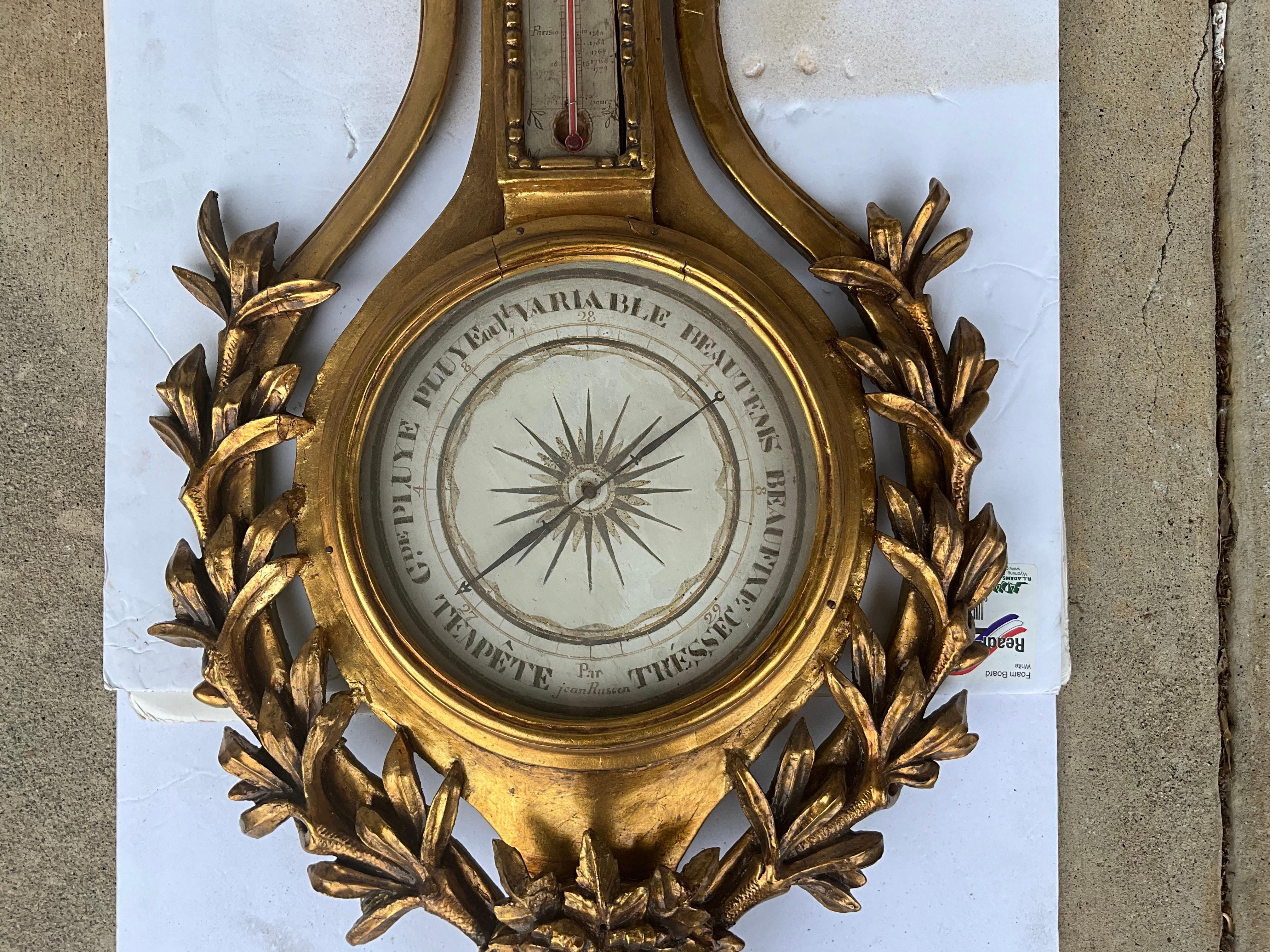 French Neo-Classical Style Louis XVI Style Carved Giltwood Barometer Wall Decor In Good Condition For Sale In Kennesaw, GA