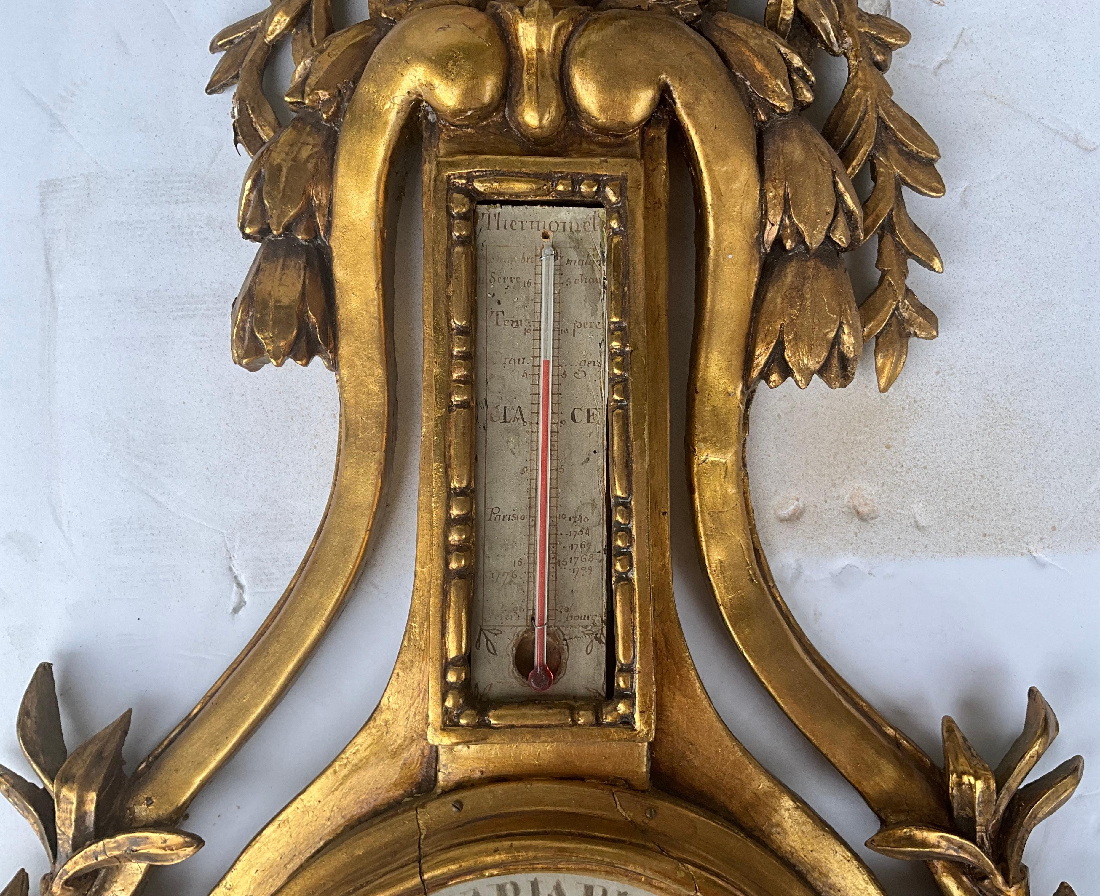 French Neo-Classical Style Louis XVI Style Carved Giltwood Barometer Wall Decor For Sale 2
