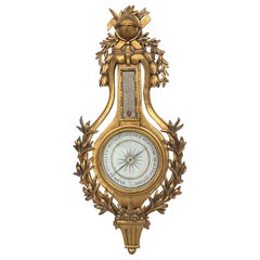 Barometro da parete in legno dorato intagliato in stile neoclassico francese Luigi XVI