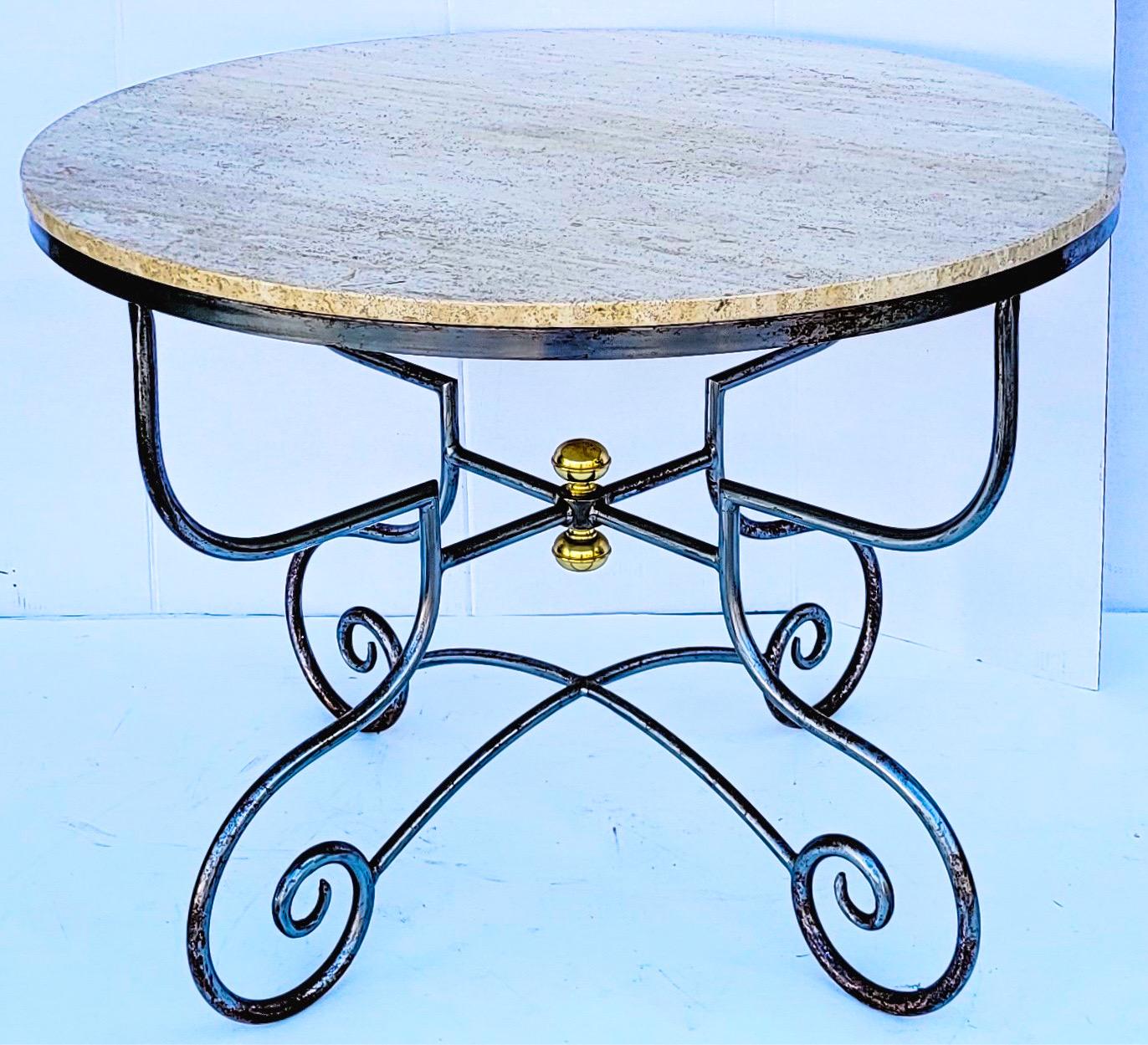 French Neo-Classical Style Steel, Brass and Stone Center or Dining Table In Good Condition In Kennesaw, GA