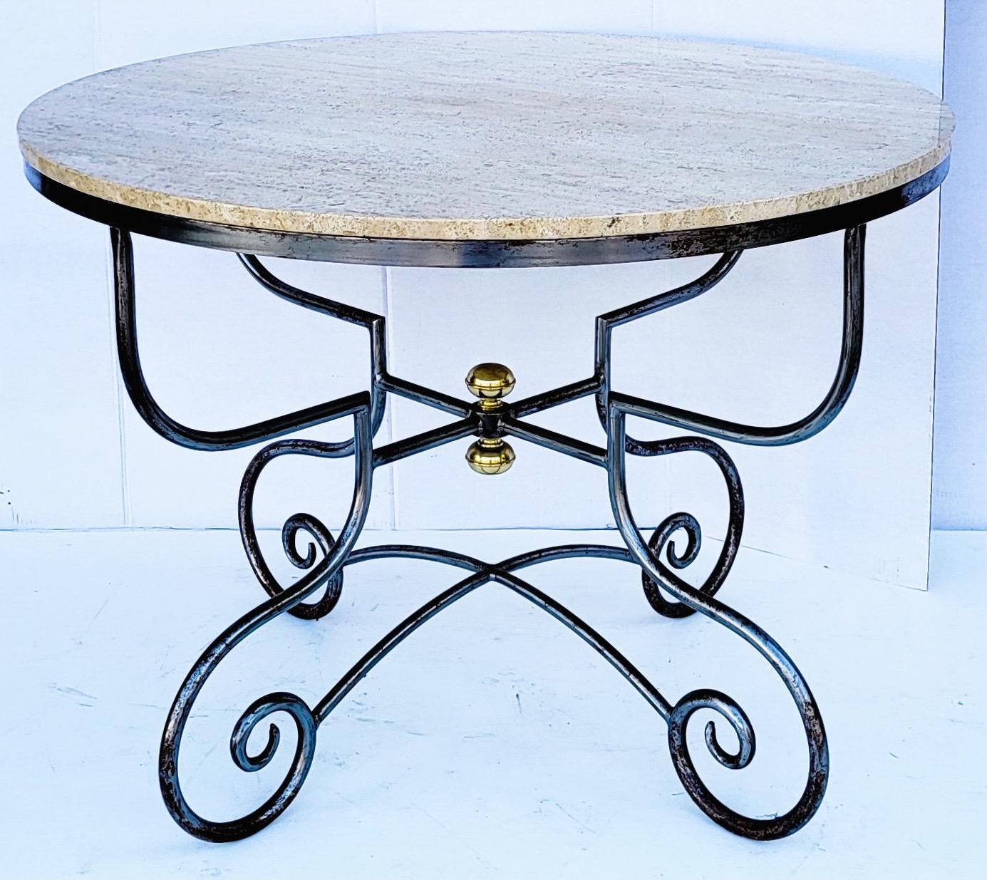 20th Century French Neo-Classical Style Steel, Brass and Stone Center or Dining Table