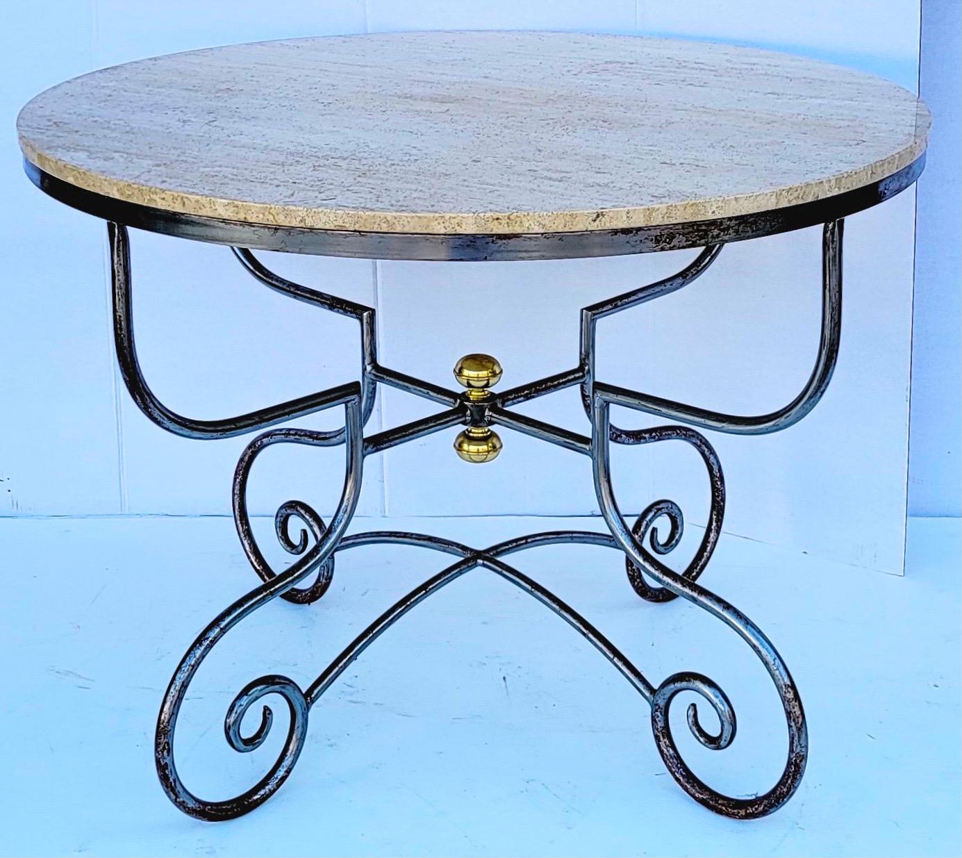 French Neo-Classical Style Steel, Brass and Stone Center or Dining Table 1