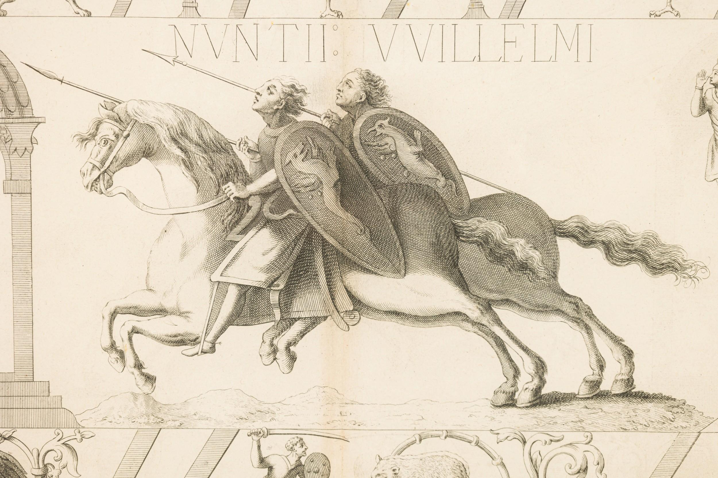 Gerahmte Lithographie einer Szene aus „Bayeux-Wandteppich“ im französischen neoklassischen Stil (Französisch) im Angebot