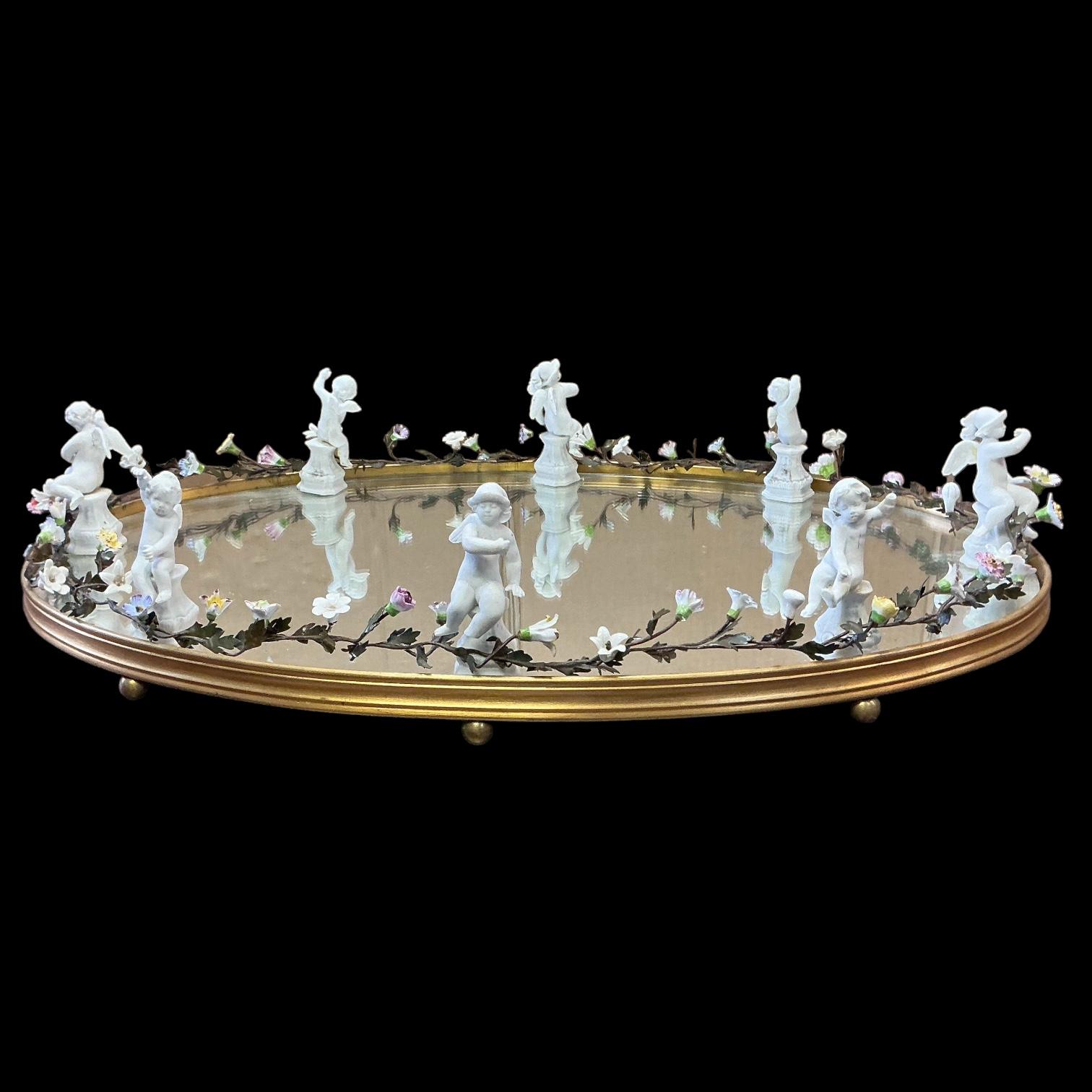 Neoclassical Revival French Neo-Classtical Mirrored Plateau / Tray - Cherubs & Porcelain Flowers