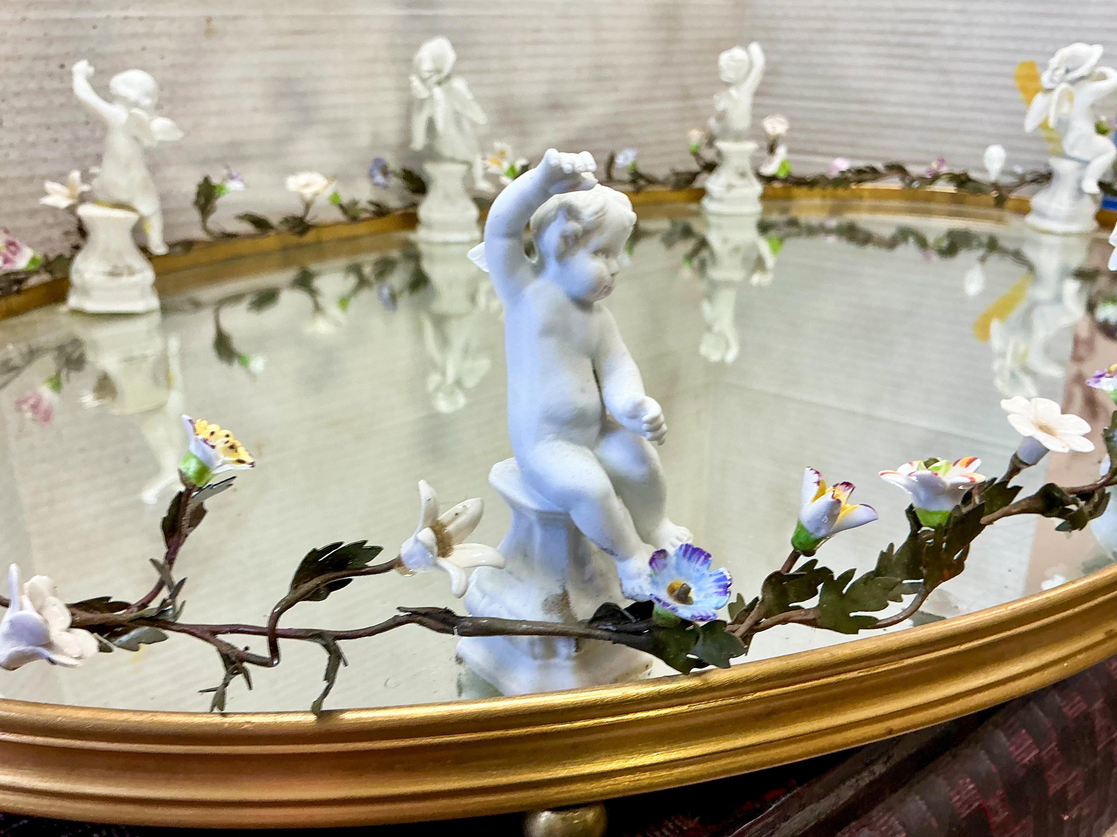 French Neo-Classtical Mirrored Plateau / Tray - Cherubs & Porcelain Flowers In Good Condition In Kennesaw, GA