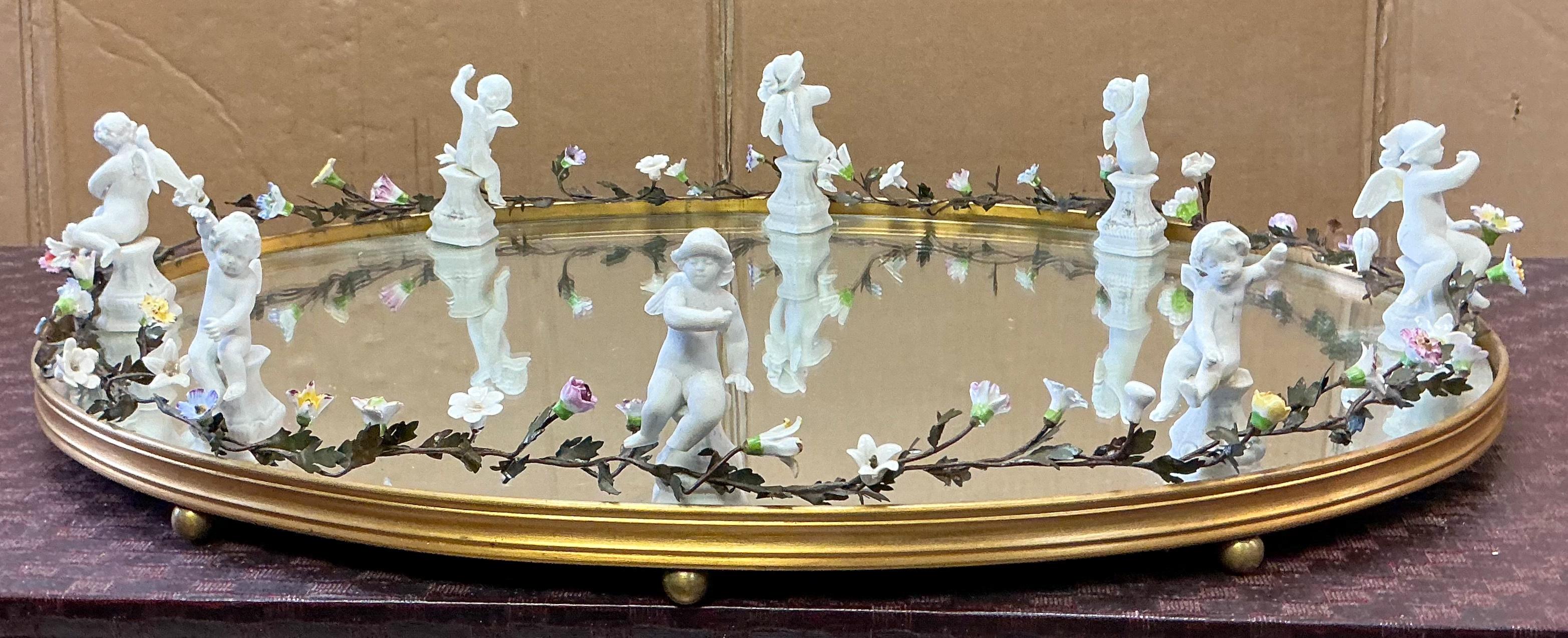 20th Century French Neo-Classtical Mirrored Plateau / Tray - Cherubs & Porcelain Flowers
