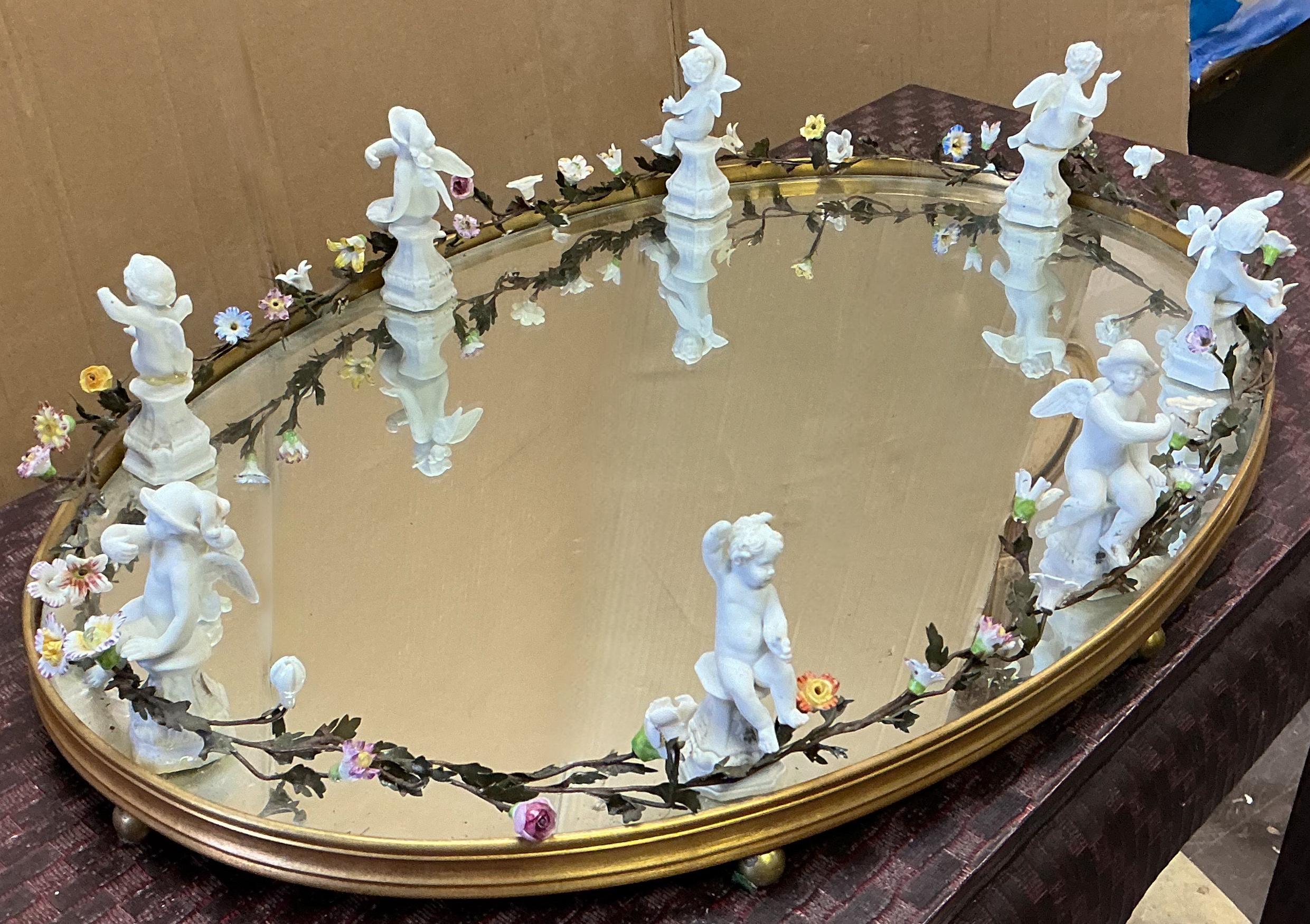 Bronze French Neo-Classtical Mirrored Plateau / Tray - Cherubs & Porcelain Flowers