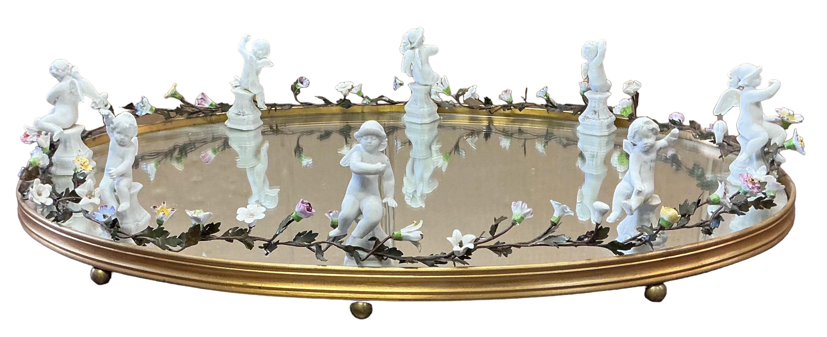 French Neo-Classtical Mirrored Plateau / Tray - Cherubs & Porcelain Flowers 1