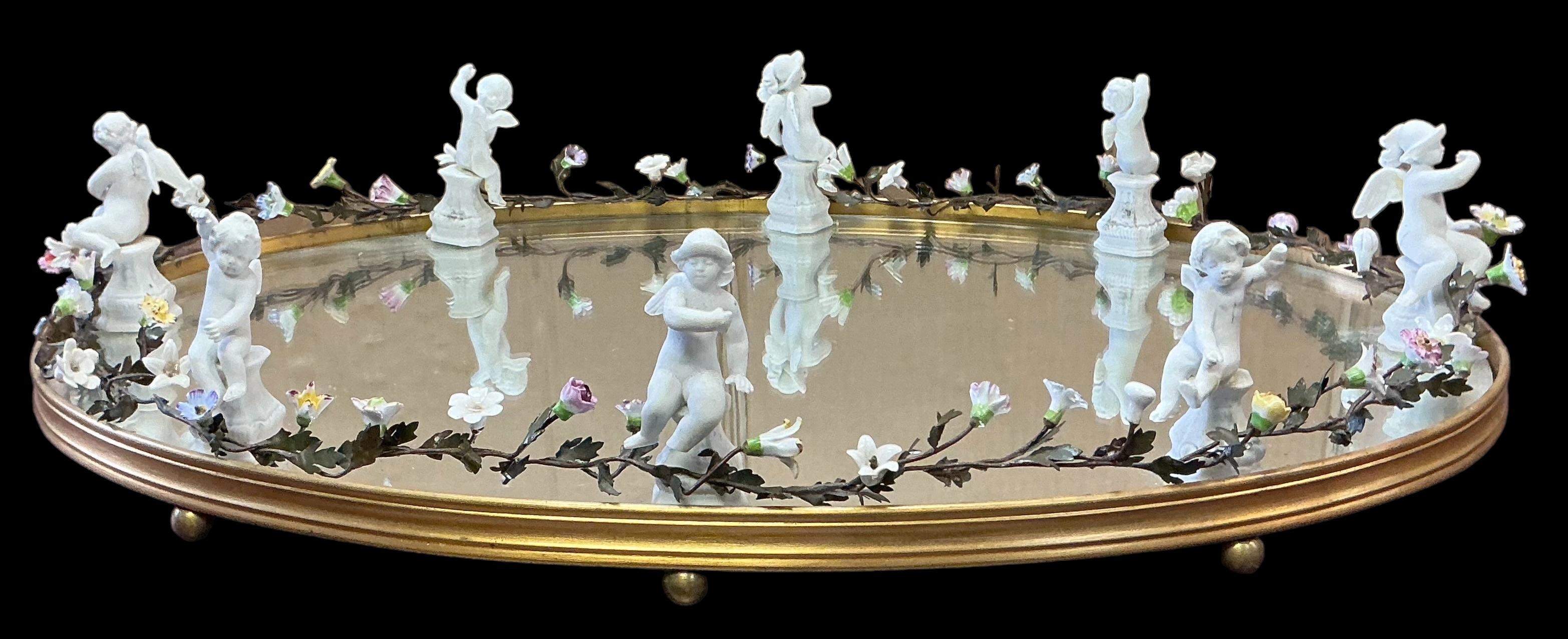 French Neo-Classtical Mirrored Plateau / Tray - Cherubs & Porcelain Flowers 2