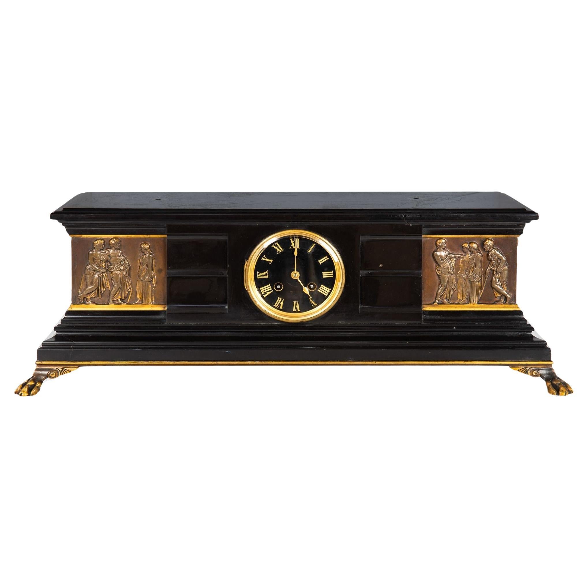 French Neo-Grec Antique Marble and Bronze Mantel Clock by Barbedienne