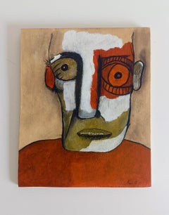 French Neo-Primitive Abstract Portrait Painting, Mixed Media on Panel, 1999