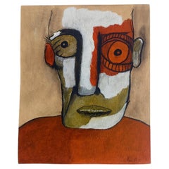 French Neo-Primitive Abstract Portrait Painting, Mixed Media on Panel, 1999