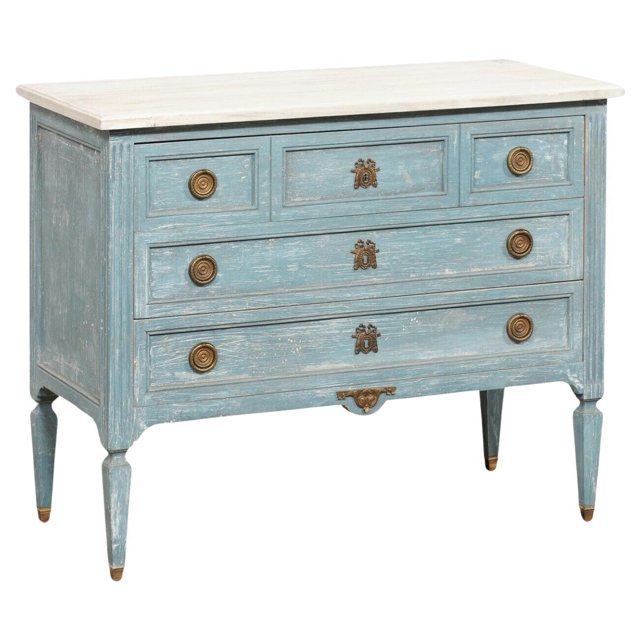French Neoclassic Commode, Cornflower Blue For Sale
