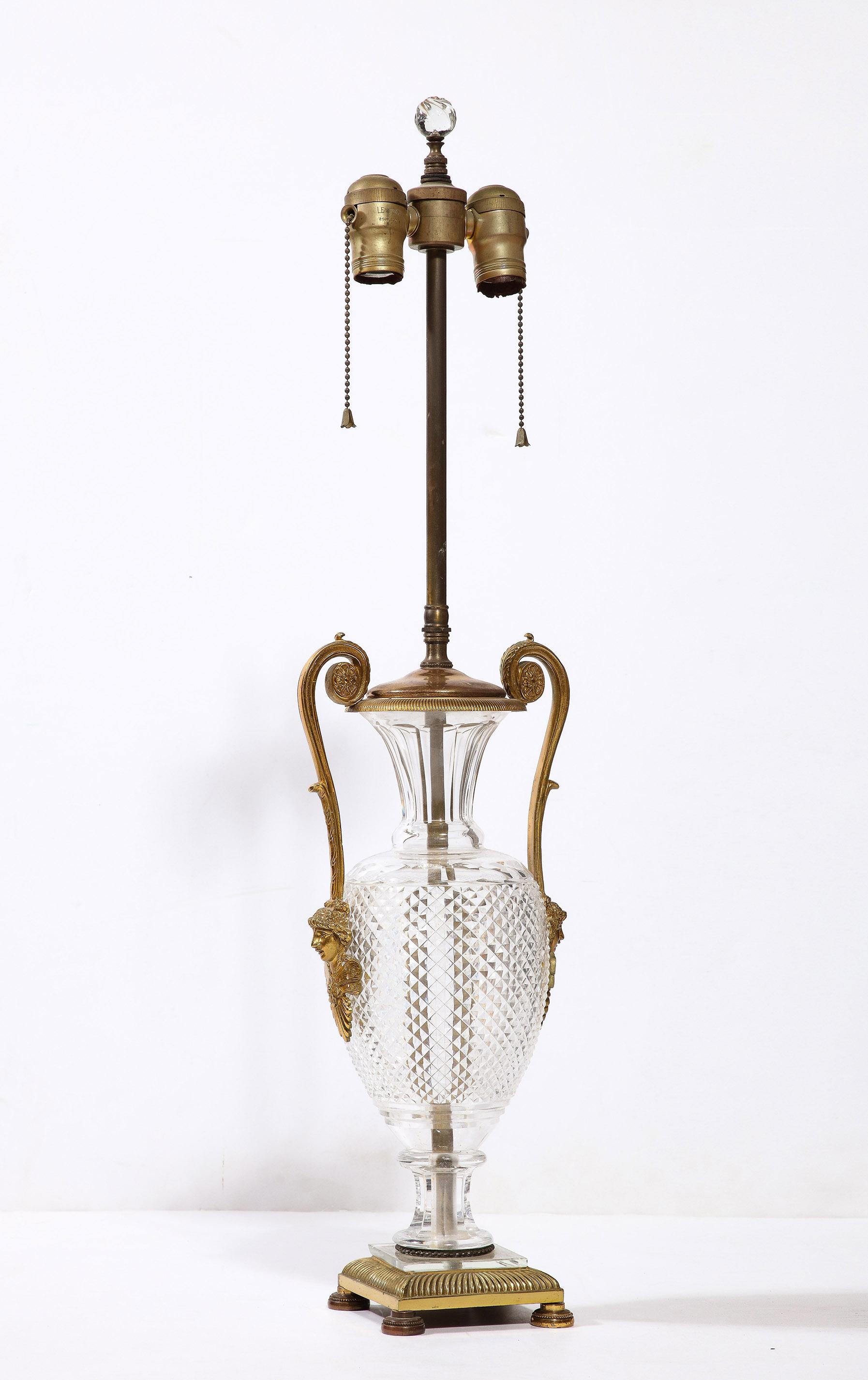 French Neoclassic Crystal & Bronze Lamp In Good Condition For Sale In New York, NY