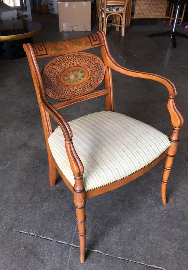 French Neoclassic Dining Chair with Hand-Painted Woven Wicker Back For Sale 1