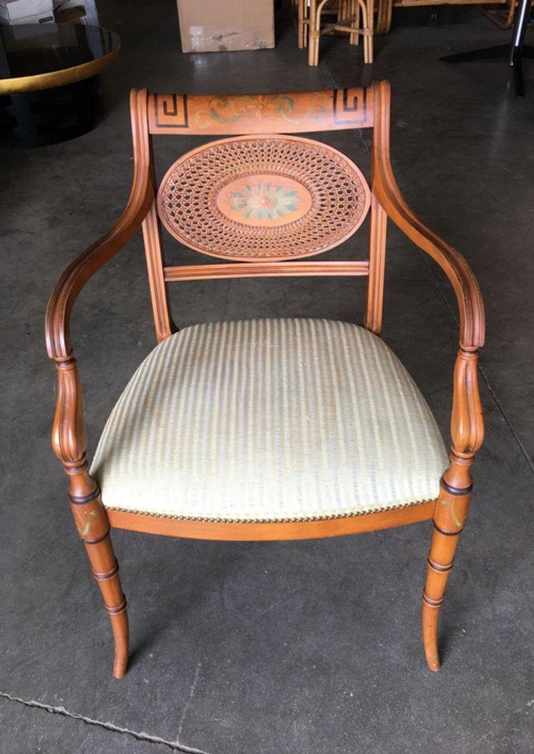 French Neoclassic Dining Chair with Hand-Painted Woven Wicker Back For Sale 2