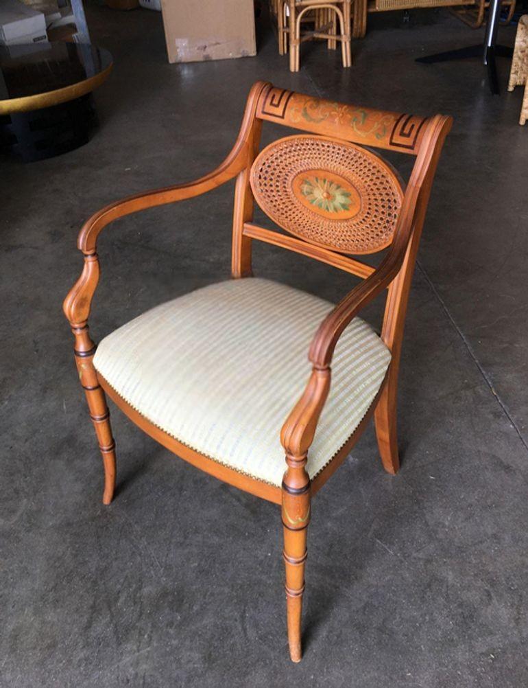French Neoclassic Dining Chair with Hand-Painted Woven Wicker Back For Sale 3