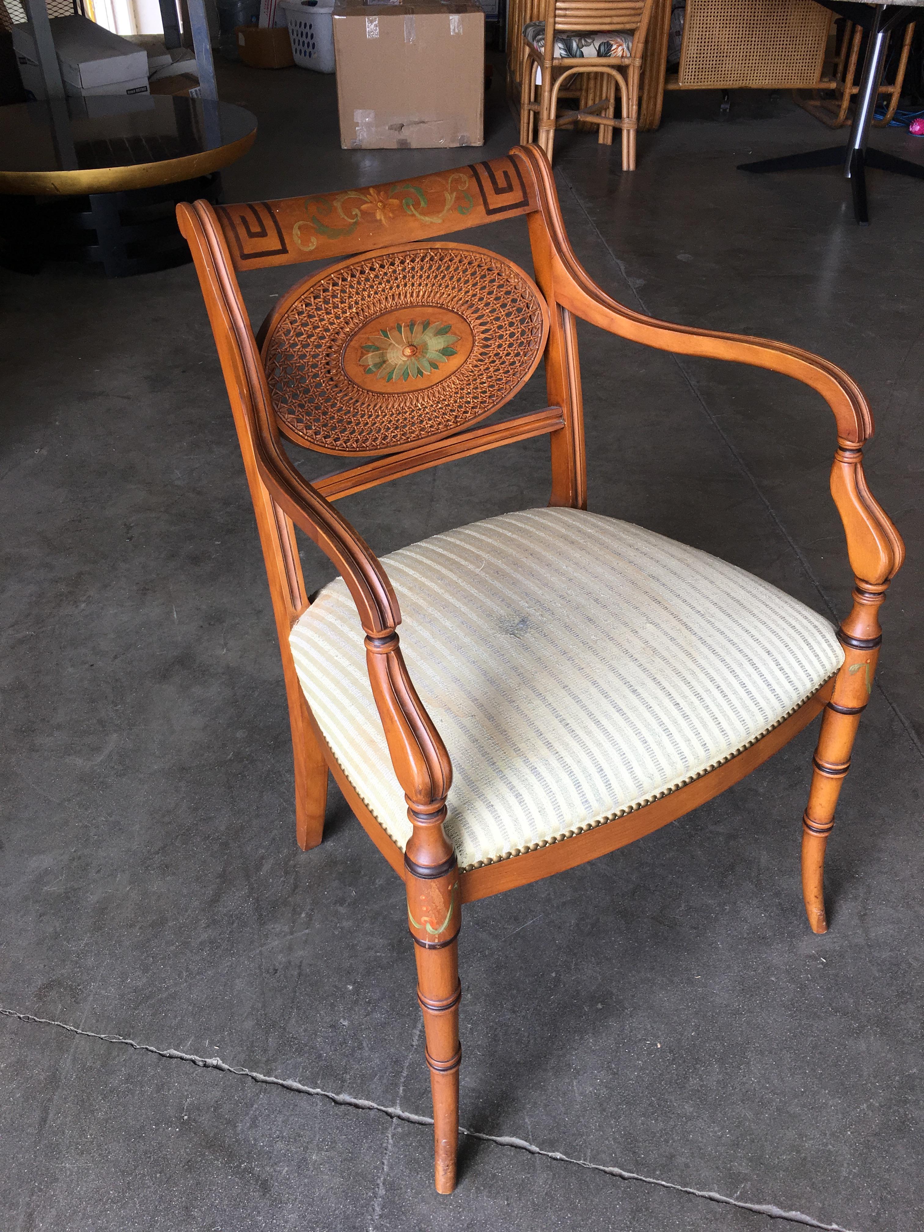 Neoclassical French Neoclassic Dining Chair with Hand-Painted Woven Wicker Back