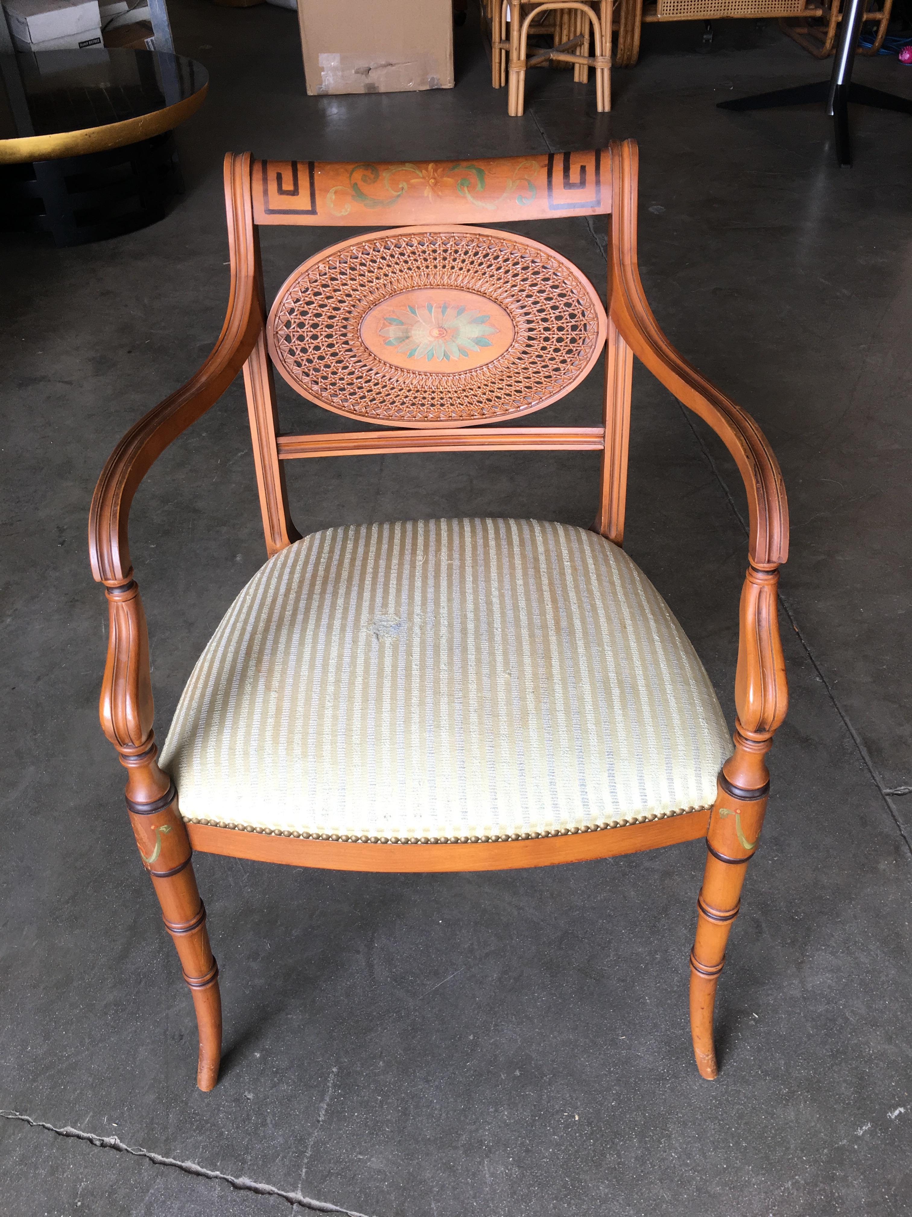 American French Neoclassic Dining Chair with Hand-Painted Woven Wicker Back
