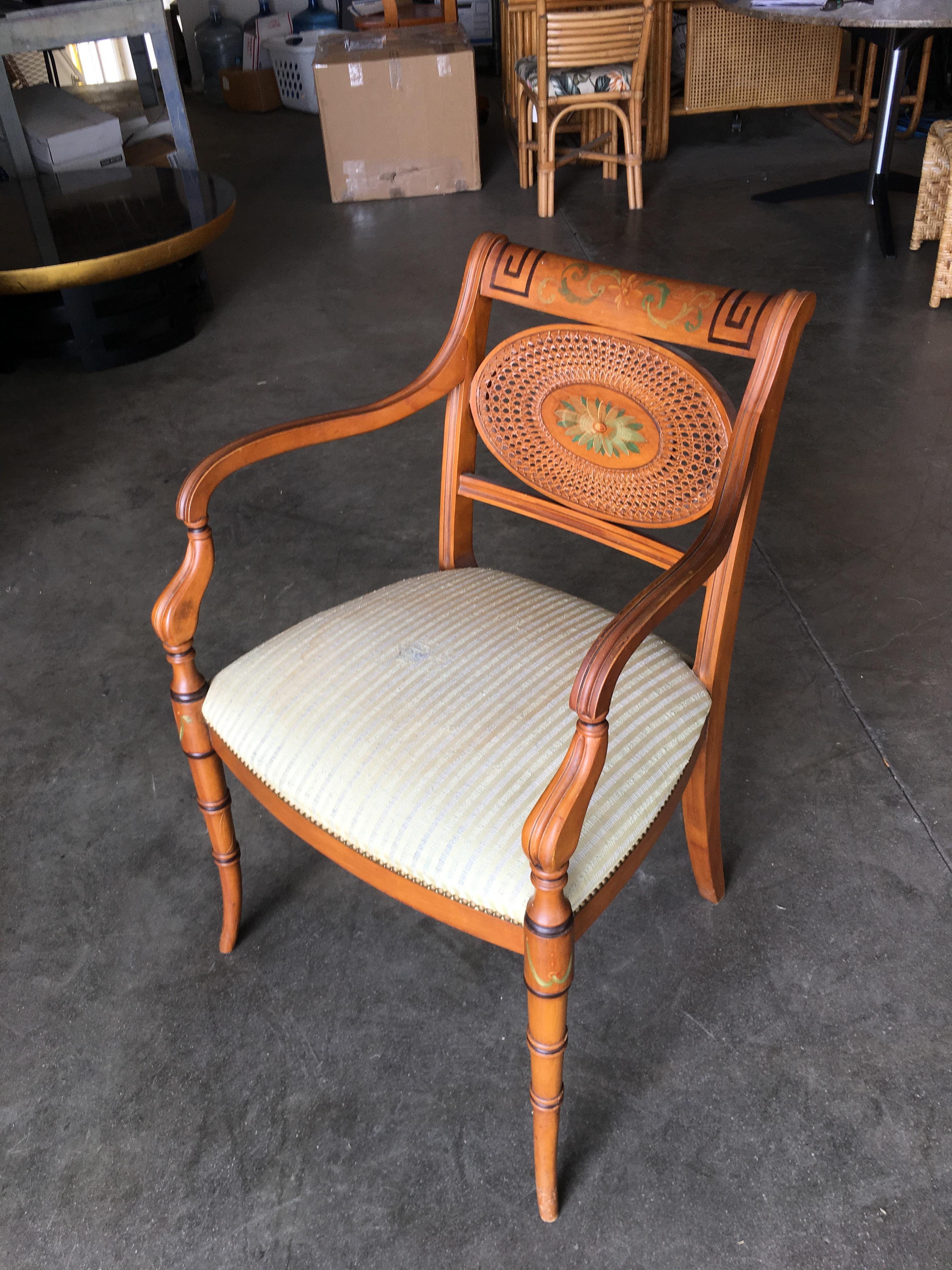 French Neoclassic Dining Chair with Hand-Painted Woven Wicker Back In Excellent Condition In Van Nuys, CA