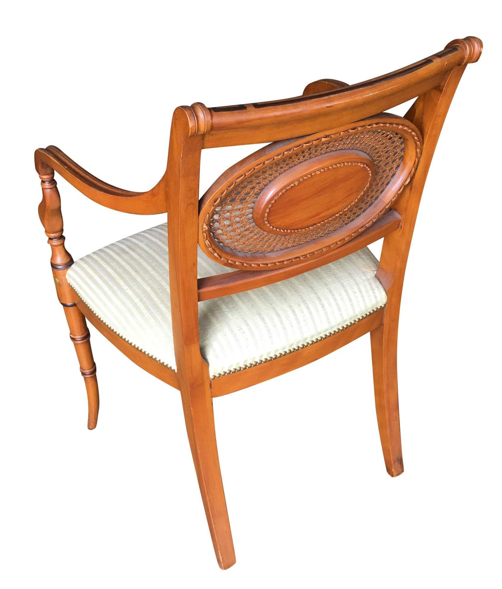Neoclassical French Neoclassic Dining Chair with Hand-Painted Woven Wicker Back For Sale