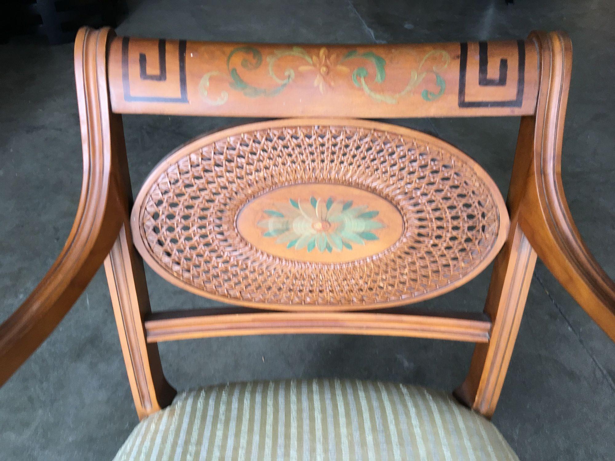 Mid-20th Century French Neoclassic Dining Chair with Hand-Painted Woven Wicker Back For Sale