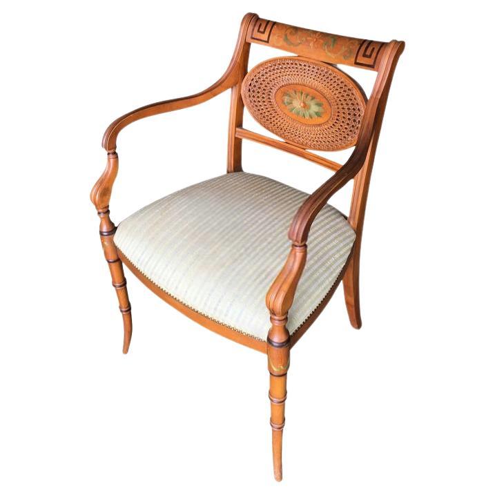 French Neoclassic Dining Chair with Hand-Painted Woven Wicker Back For Sale