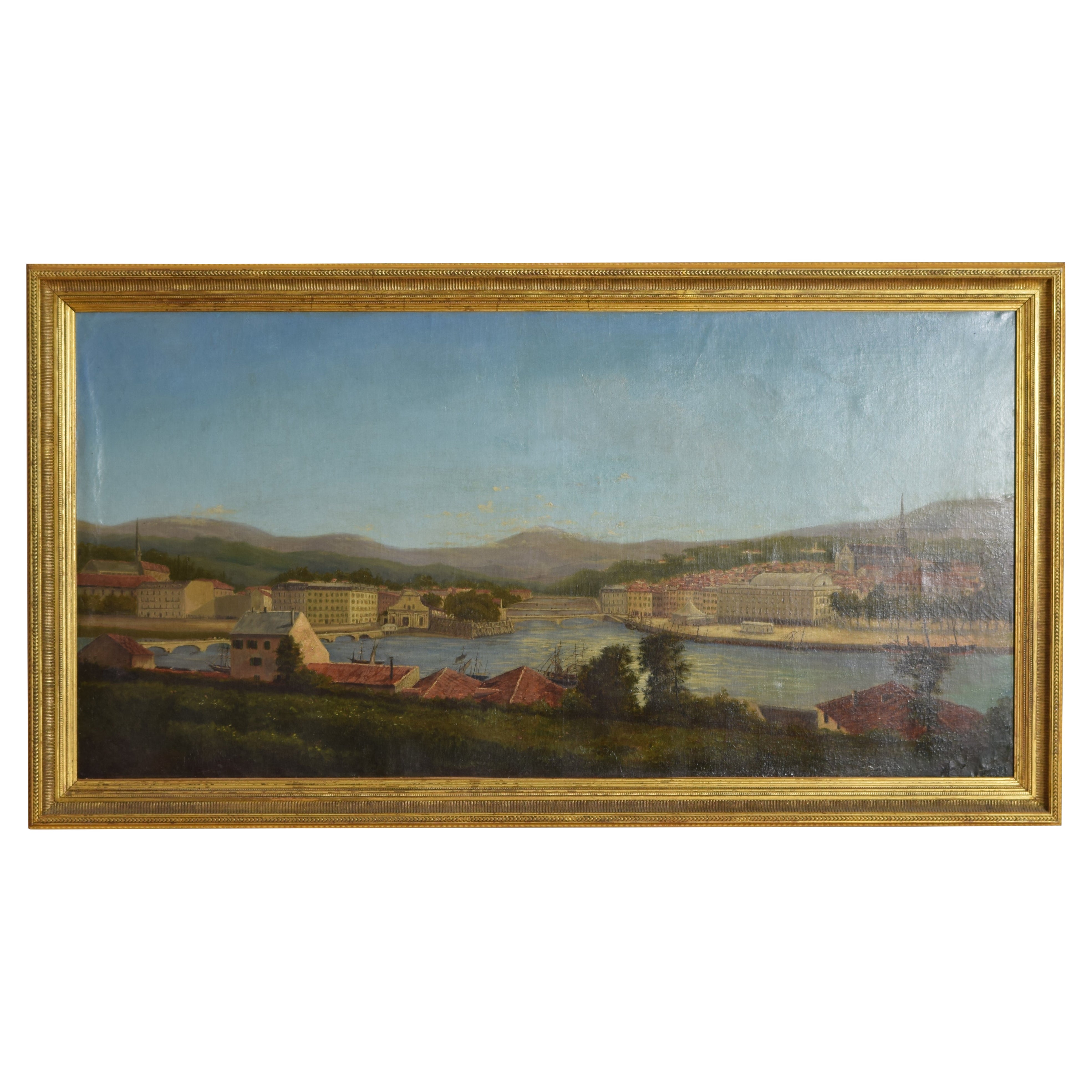 Grande huile sur toile de style néoclassique français, Port continental avec rive, vers 1825