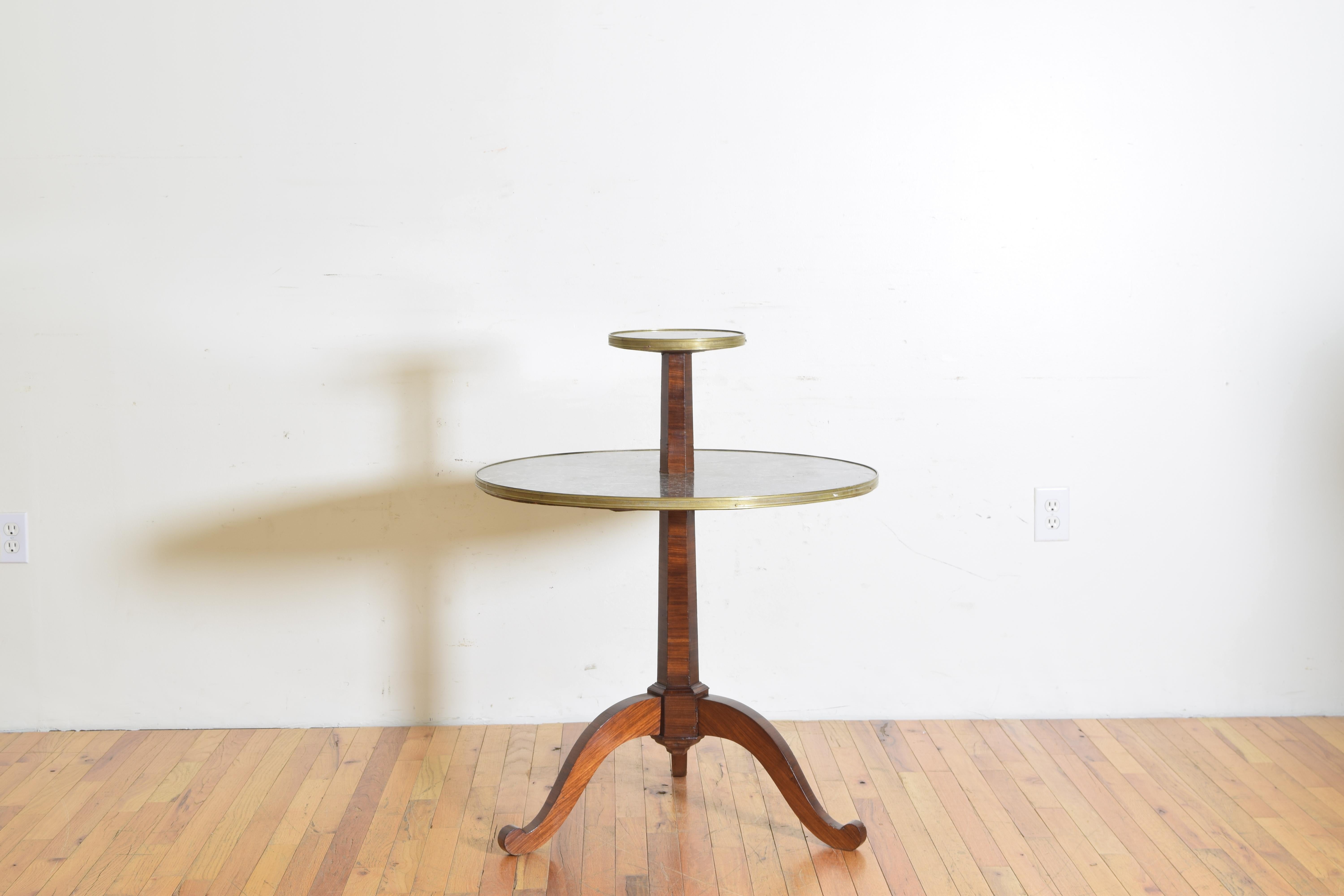 French Neoclassic Mixed Veneer, Marble, and Brass Mounted 2-tier Table In Good Condition In Atlanta, GA