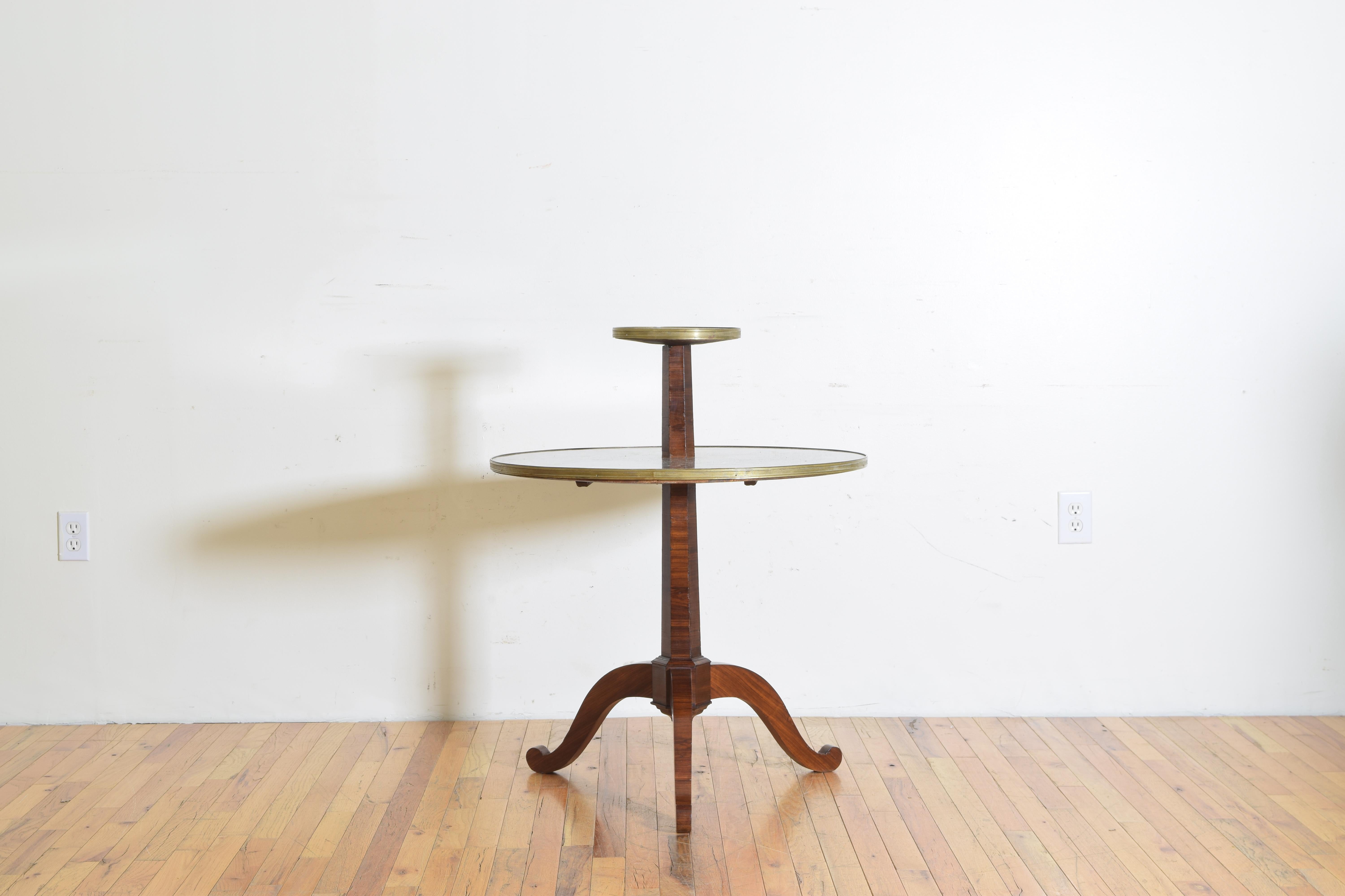 Mid-19th Century French Neoclassic Mixed Veneer, Marble, and Brass Mounted 2-tier Table