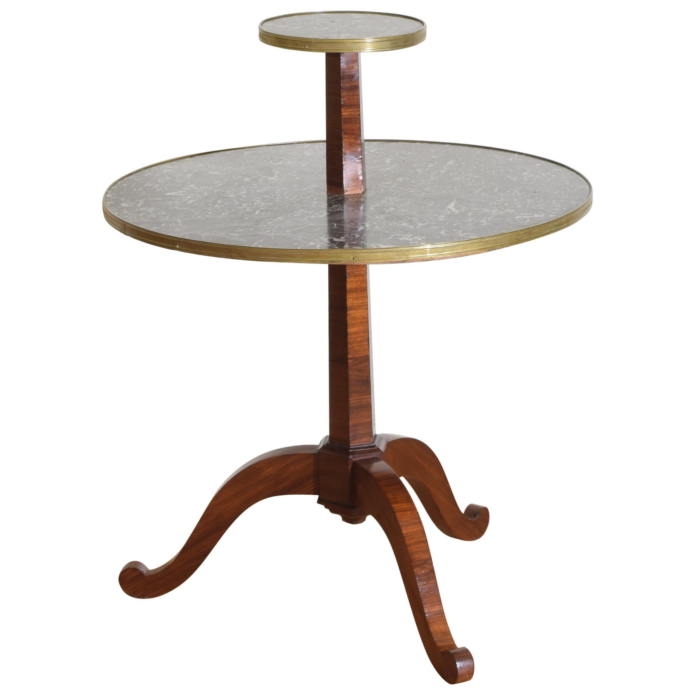 French Neoclassic Mixed Veneer, Marble, and Brass Mounted 2-tier Table