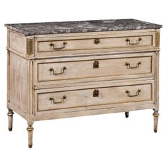 Antique French Neoclassic Period Painted Wood Chest with Marble Top and Brass Accents