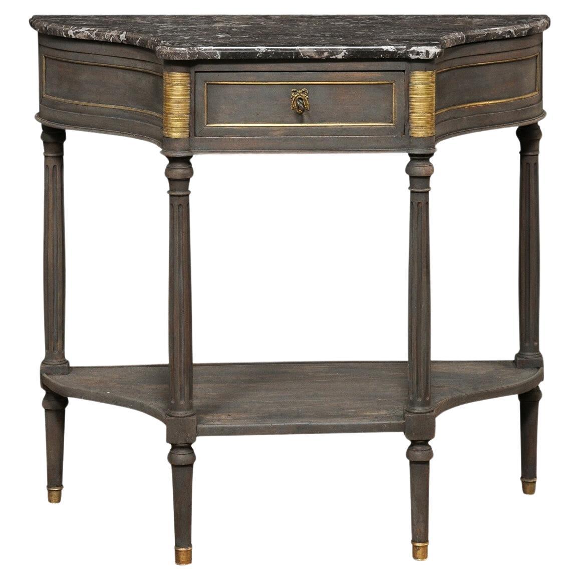 French Neoclassic Shapely Demi-Lune Console w/Marble Top & Brass Accents, 19th c For Sale