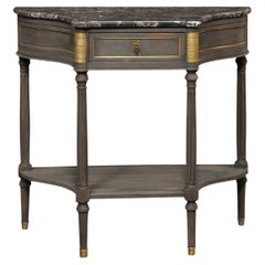 Used French Neoclassic Shapely Demi-Lune Console w/Marble Top & Brass Accents, 19th c