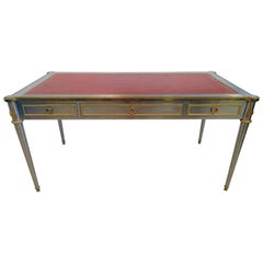 French Neoclassic Stainless and Bronze-Mounted Leather Top Desk, Maison Jansen