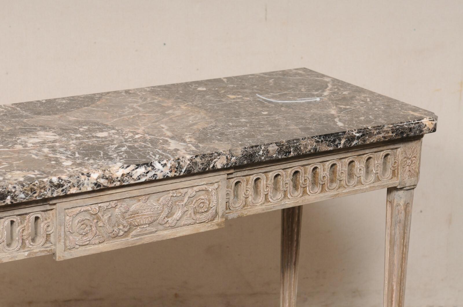 20th Century French Neoclassic Style Marble Top Console w/Pierce-Carved Apron